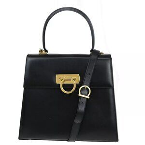 SALVATORE FERRAGAMO Gancini 2Way Shoulder Hand Bag Leather Black GHW